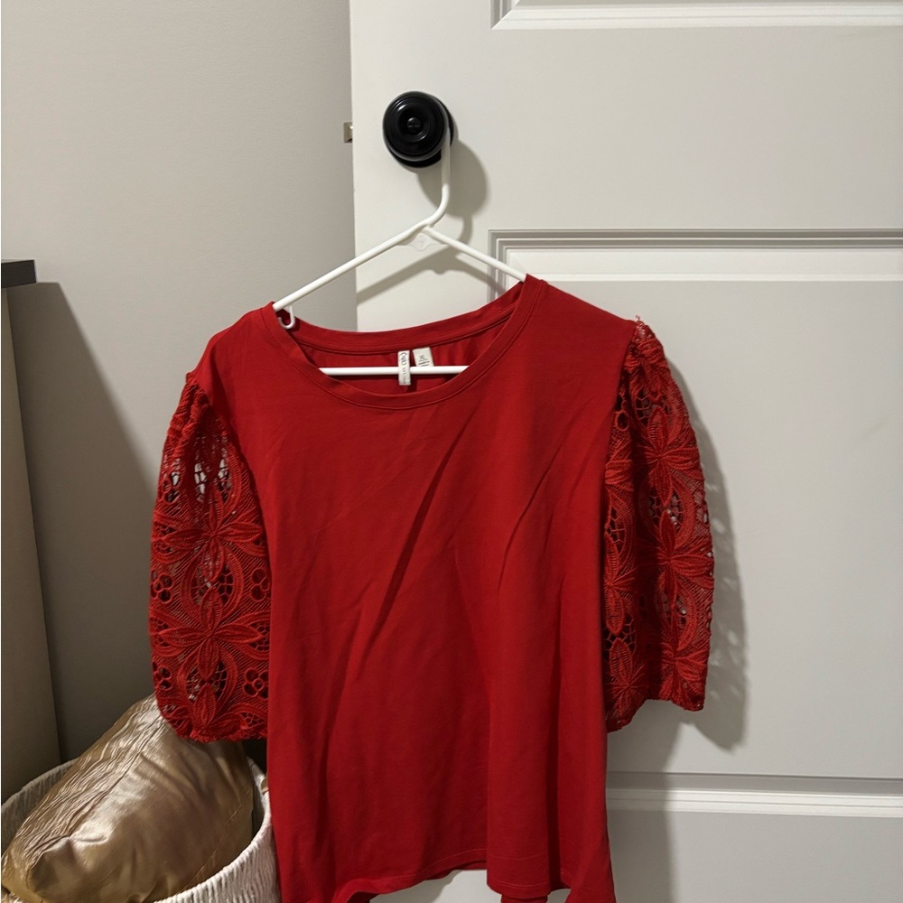 Cato Red and Black Embellished 3/4 Sleeve Blouse